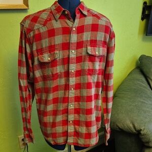 Lucky Brand Red and Gray Check Western Men's Shirt  Pearl Buttons. Sz.L.(#1697)